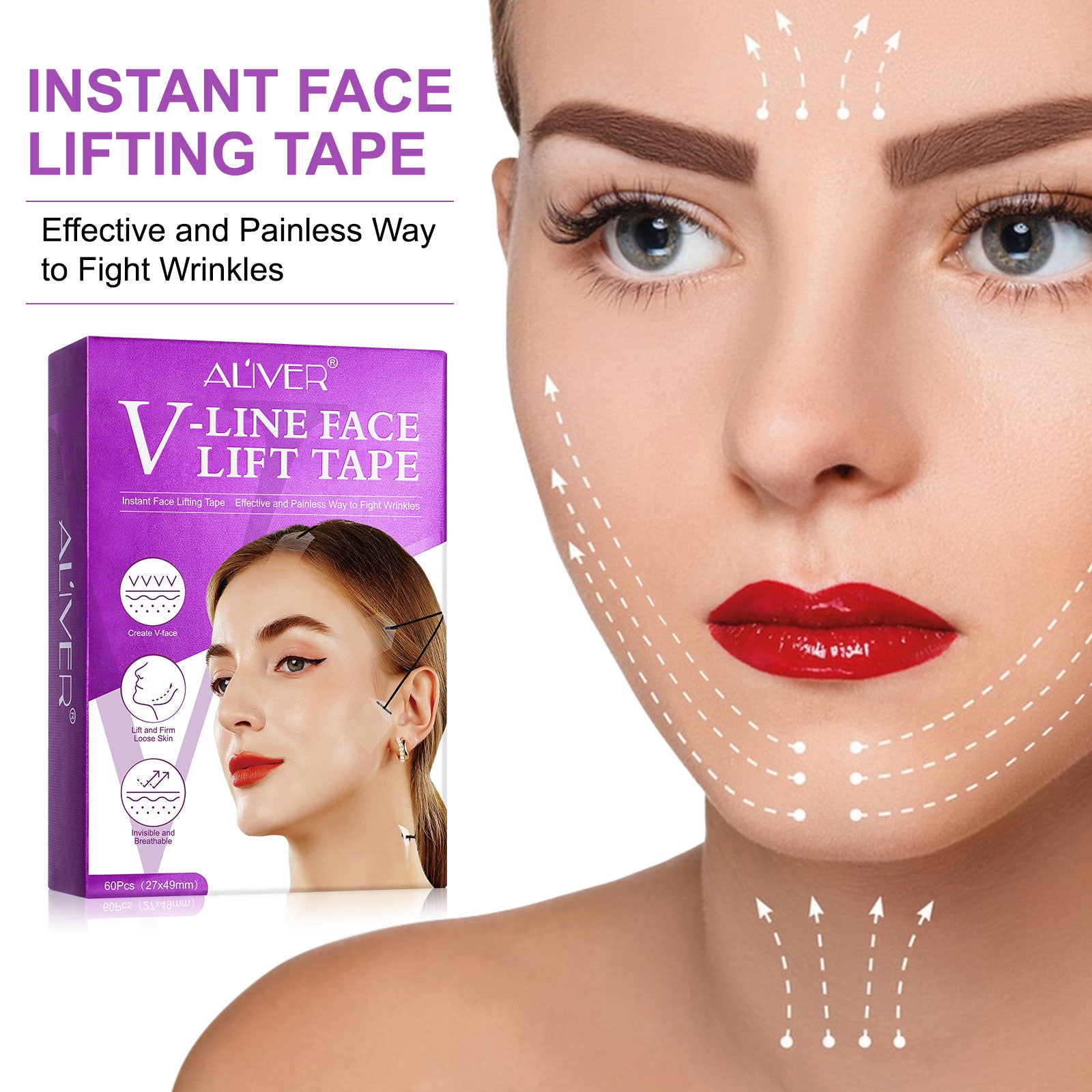 Face Tape Lifting Invisible, 60pcs Face Lift Tape For Face Invisible With 8  Adjustable Bands, Instant Neck Facial Lifting Tape With String For